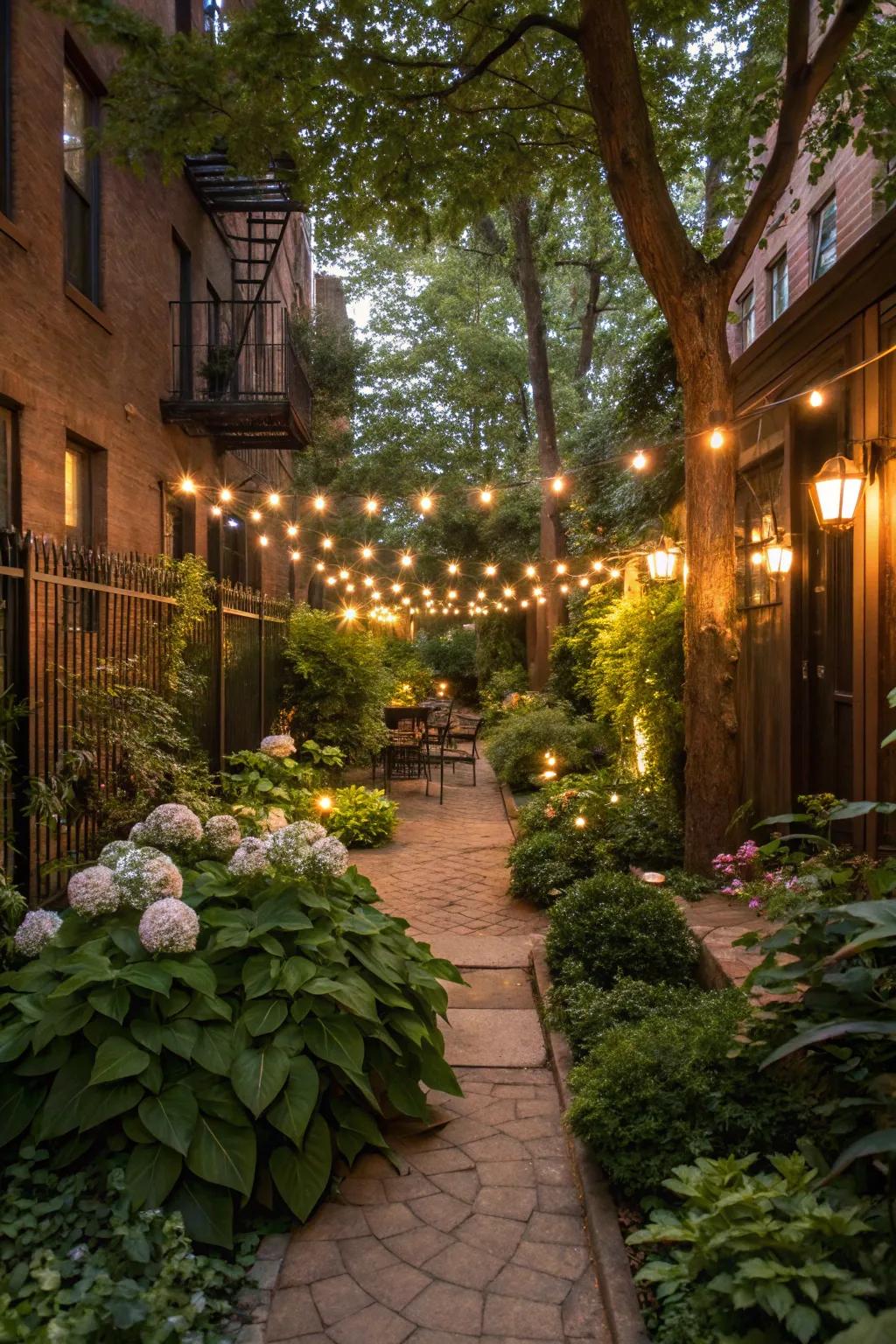 String lights add warmth and evening ambiance.