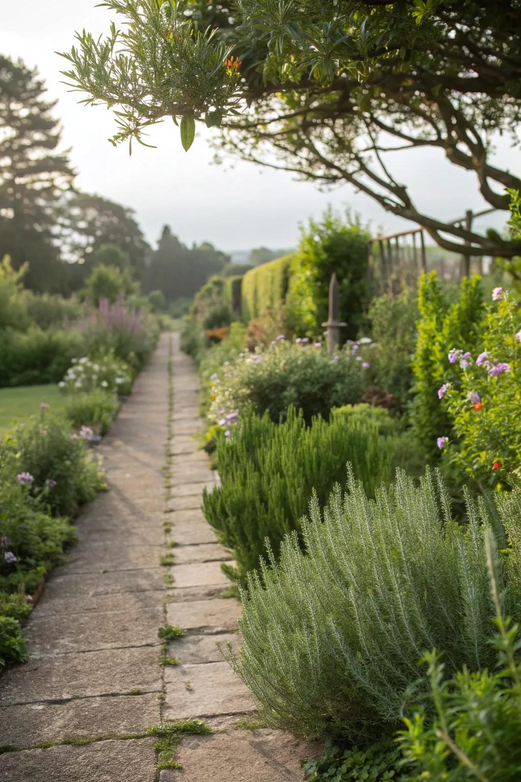 A sensory delight with fragrant herbs lining the garden paths.