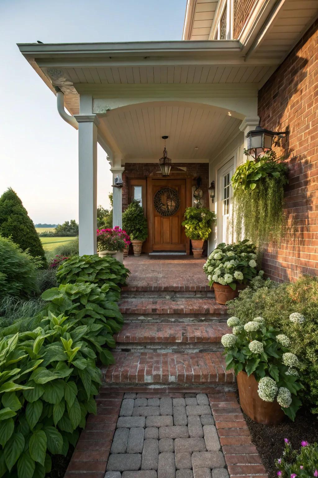 A brick pathway offers a charming welcome.