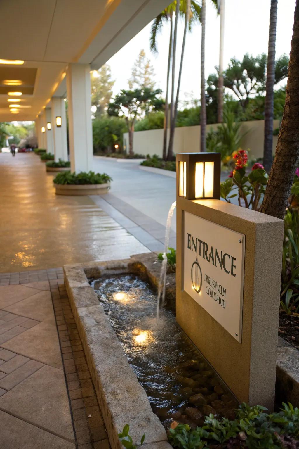 Calming water feature adding tranquility to the entrance sign area.