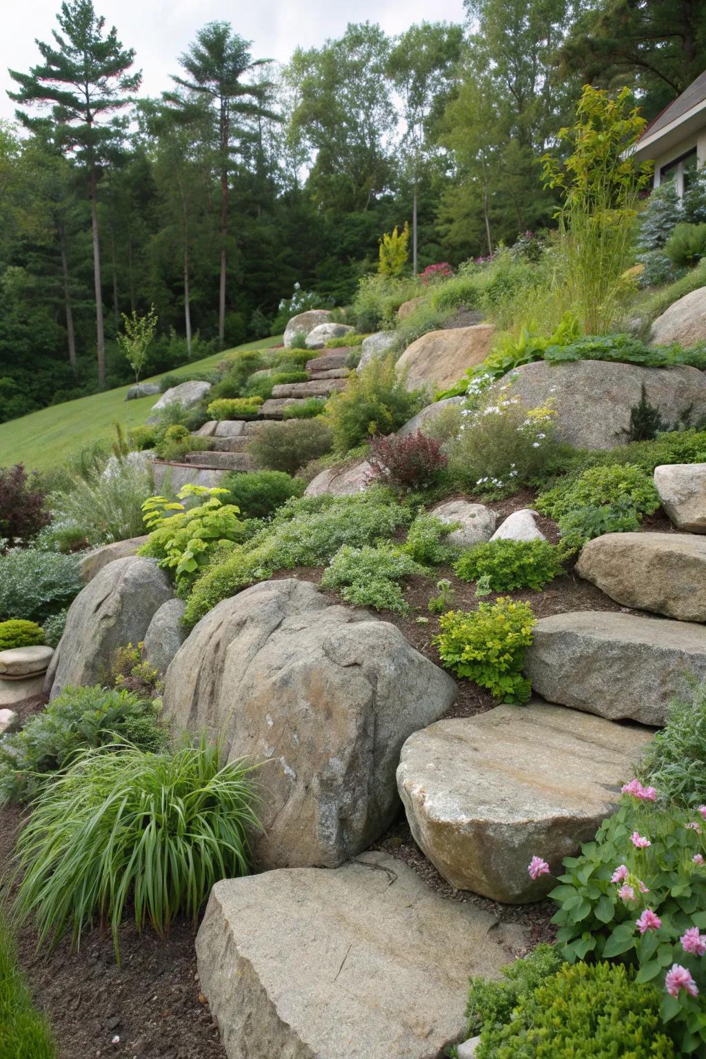 A rugged garden slope protected by decorative riprap.
