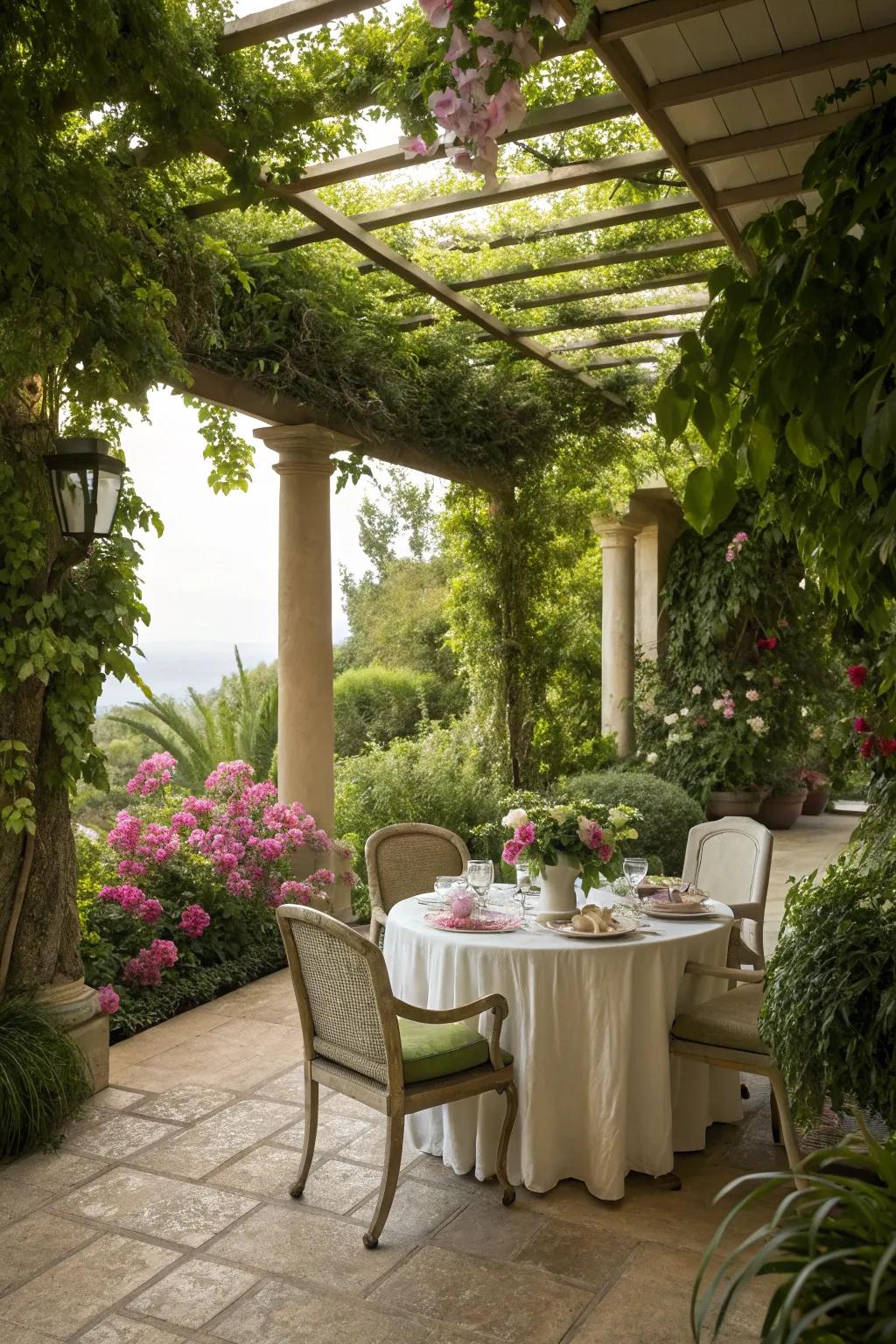 An inviting outdoor garden room with a dining setup under a pergola.