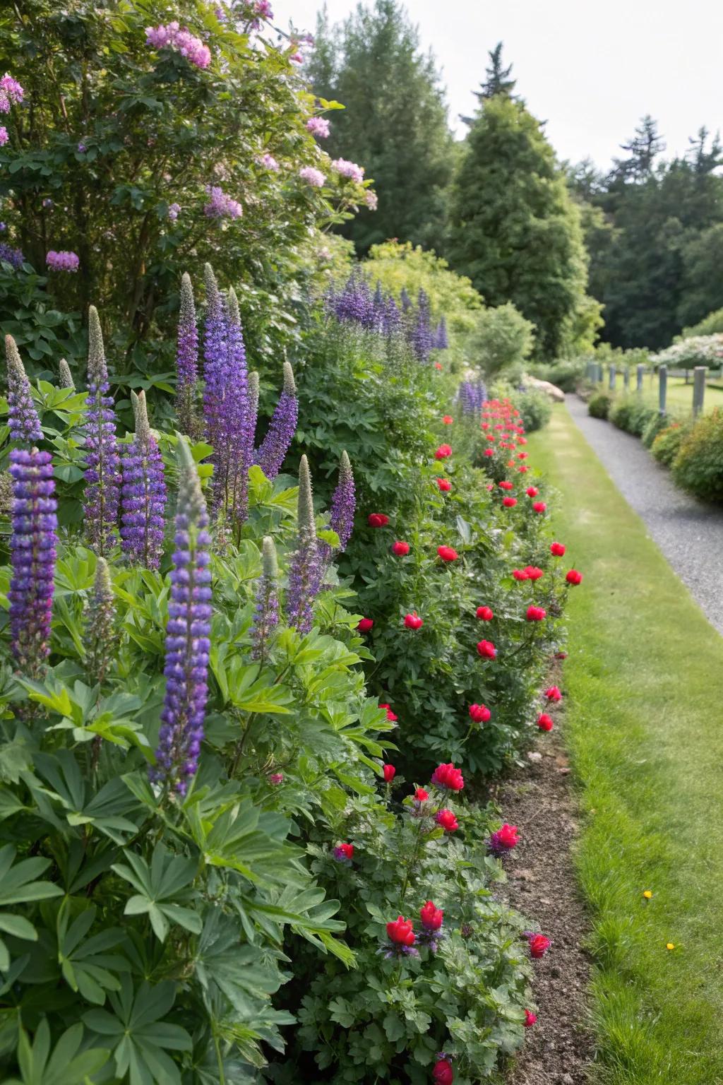 Lupines and hollies create a playful garden border.