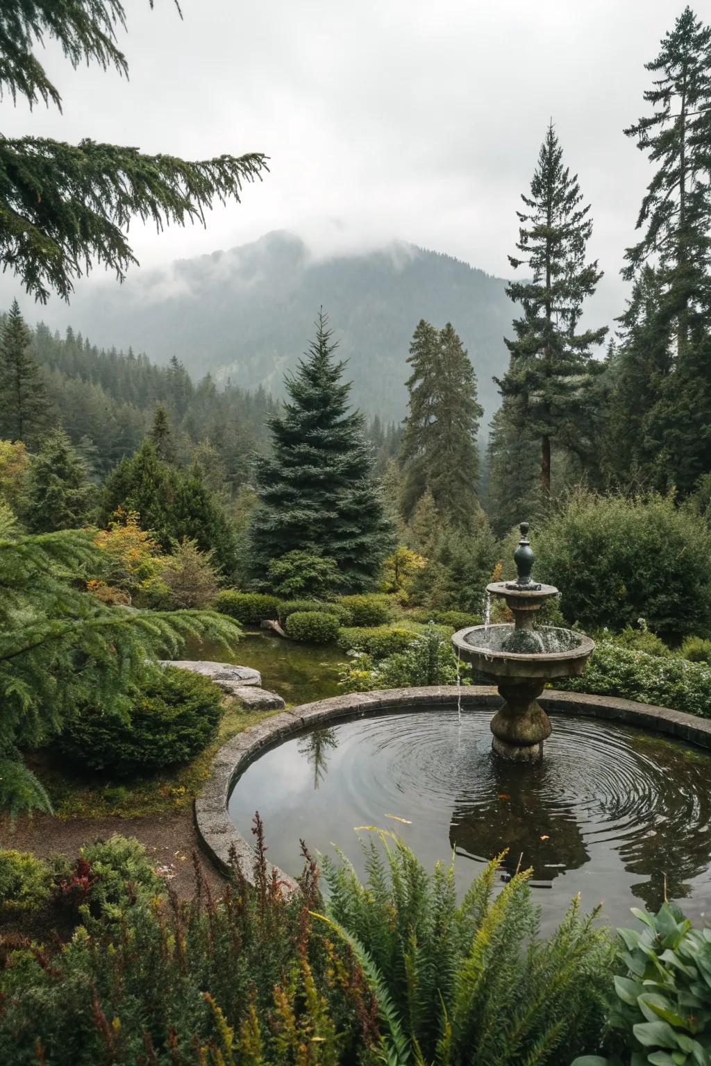 A small pond surrounded by evergreen plants creating a serene ambiance.