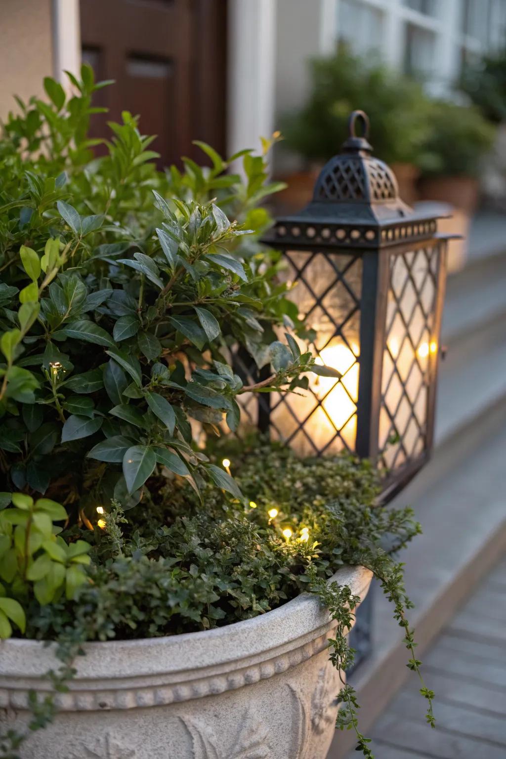 Lanterns add warmth and charm to evergreen planters.