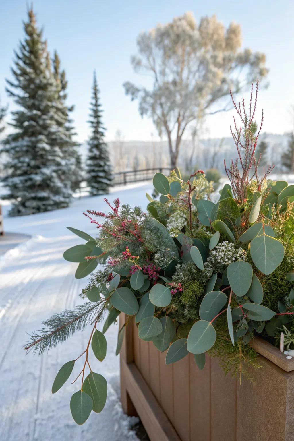Eucalyptus offers a fragrant and silvery touch.