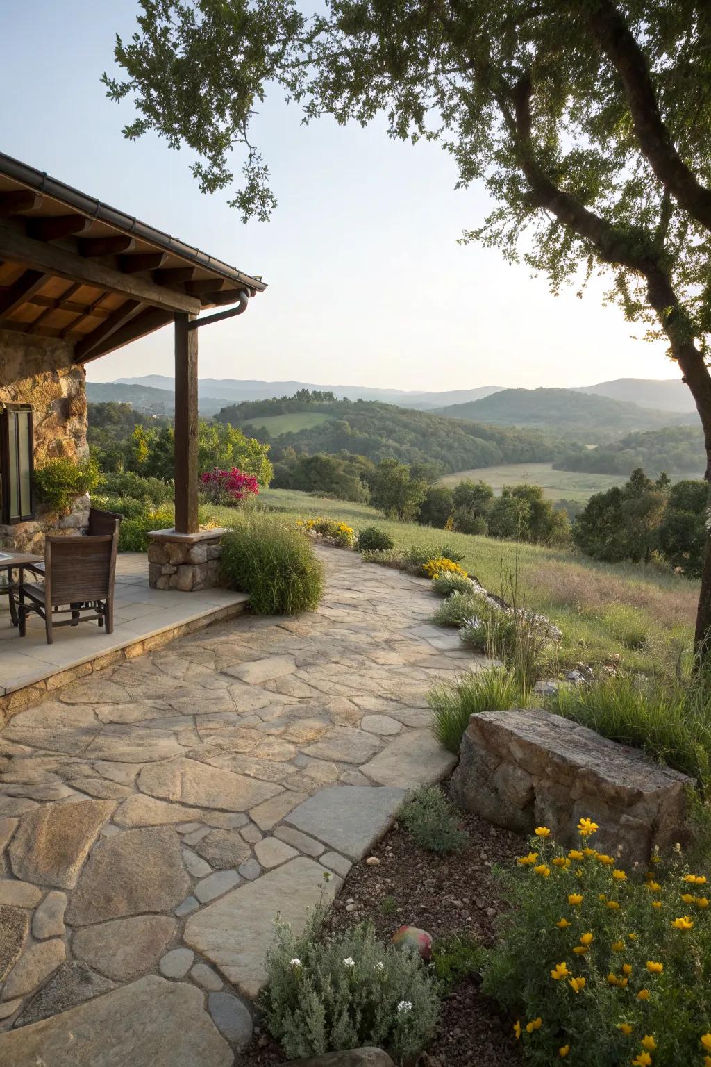 Natural stone blends add rustic charm to the patio.