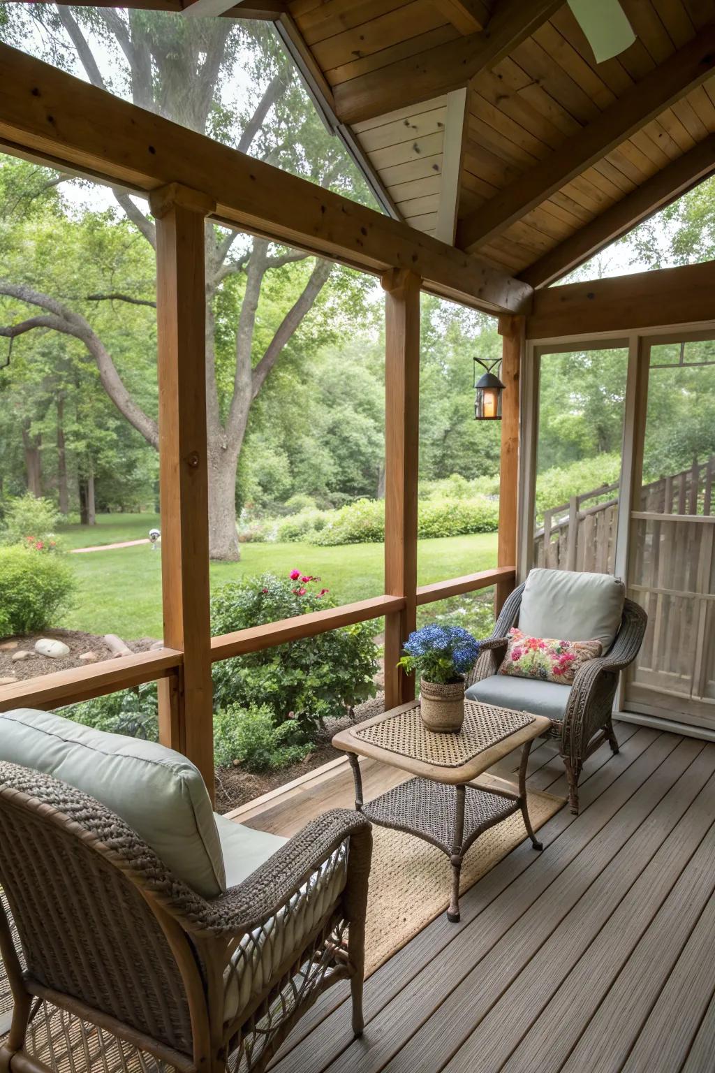 A screened-in porch lets you enjoy fresh air minus the bugs.