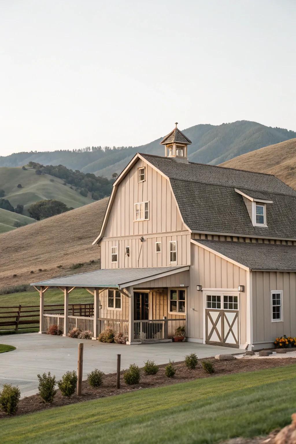 A taupe barn that adds timeless elegance to the landscape.