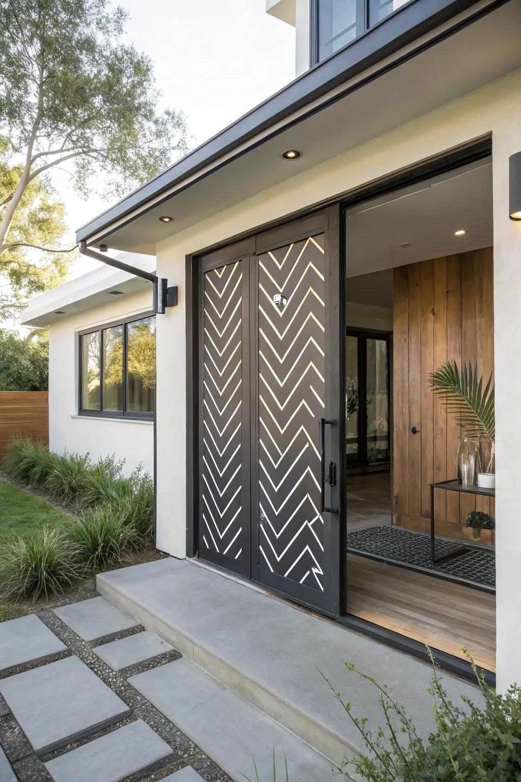Contemporary geometric patterned barn door.