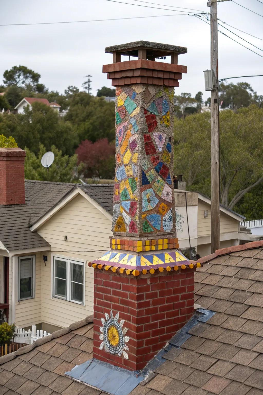 A chimney adorned with vibrant tiles, turning it into an artistic masterpiece.