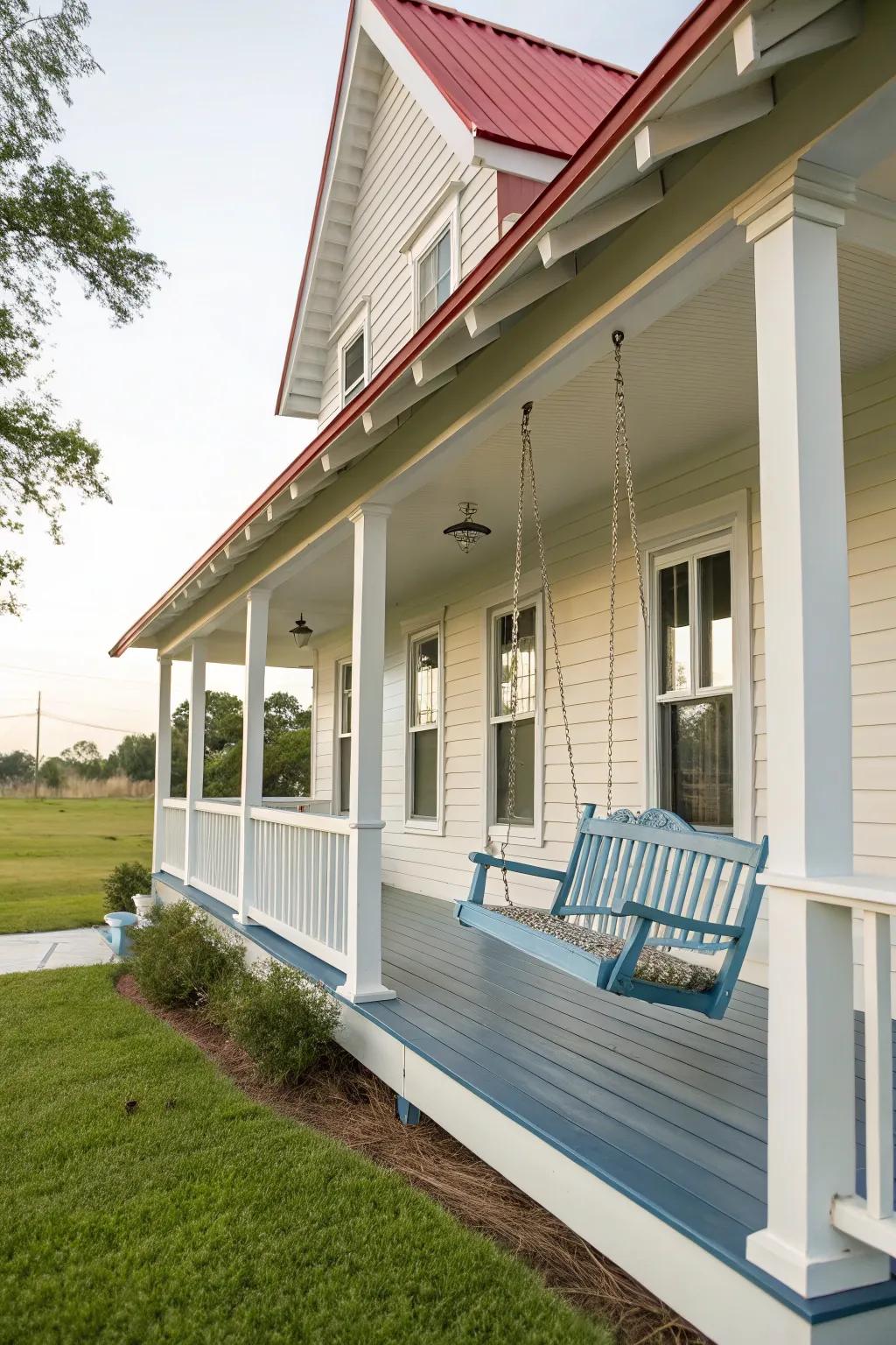 A front porch swing adds a cozy and inviting element.
