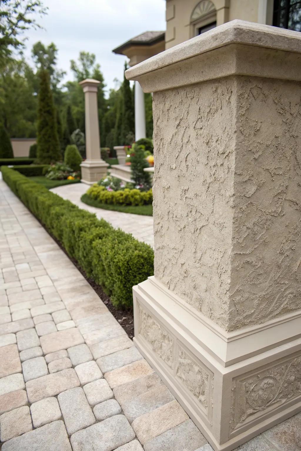 Textured stucco creates a refined finish on this foundation.