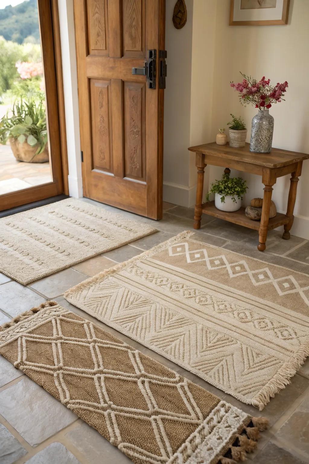 Layered rugs create a cozy and inviting entryway.