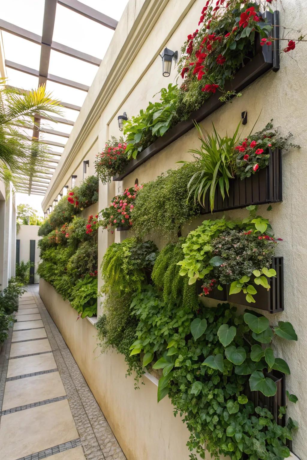 A vertical garden maximizing space with lush greenery.