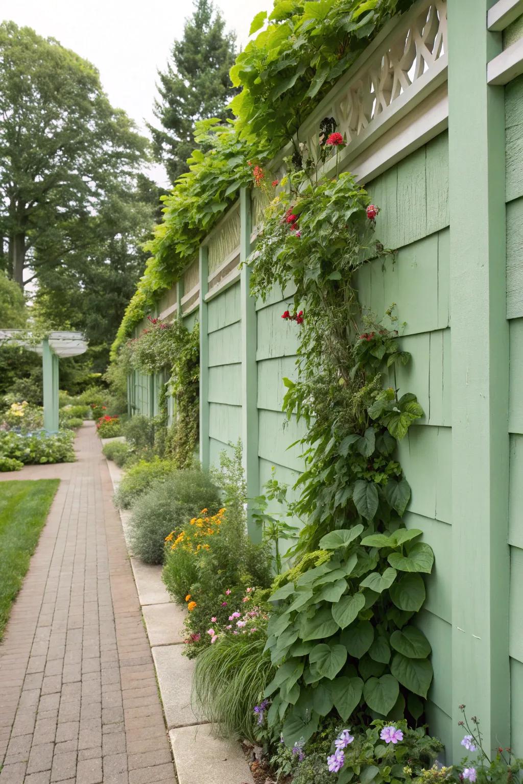 Vertical gardens add life and color to painted walls.