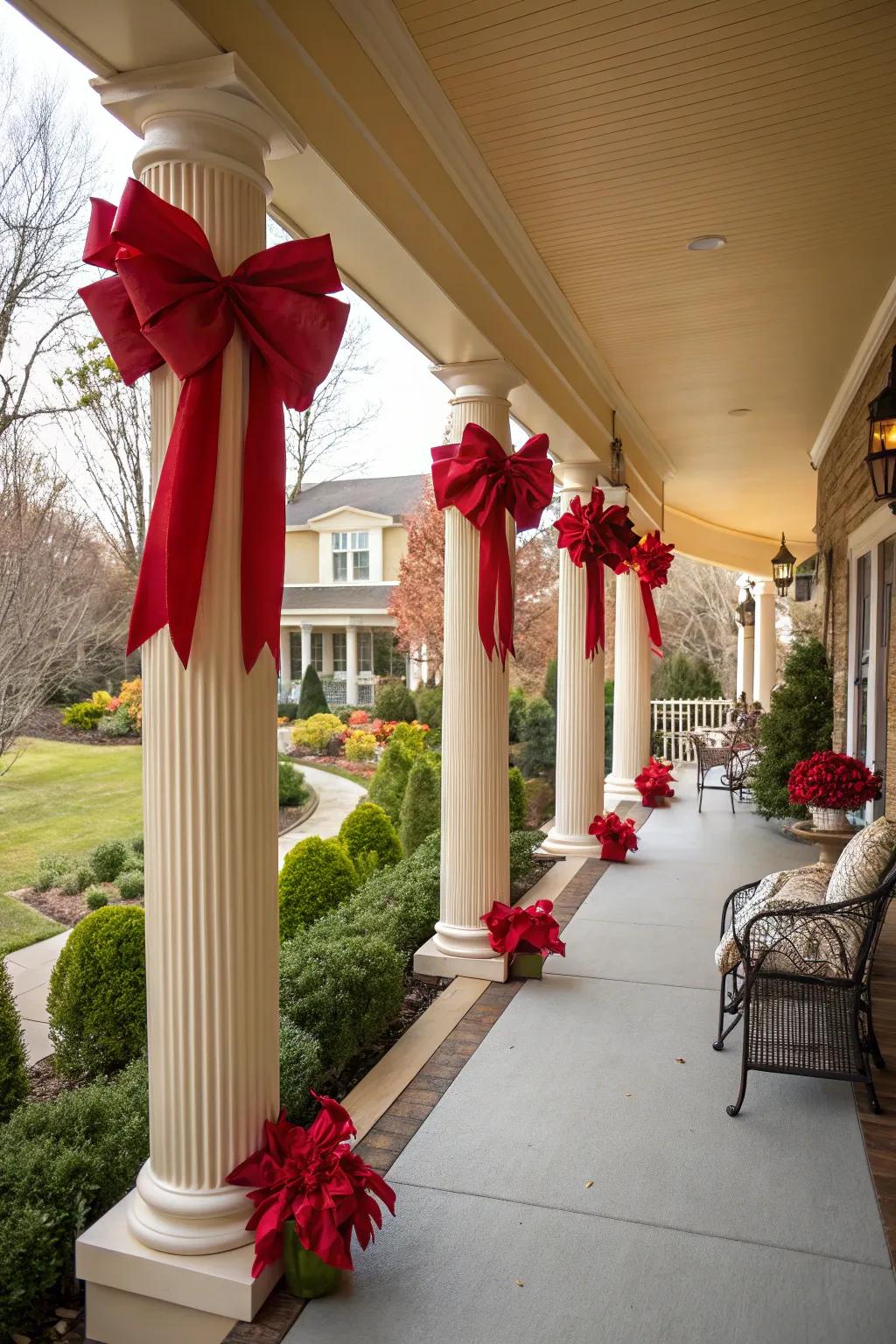 Extra large bows bring a vibrant and festive pop to any porch.