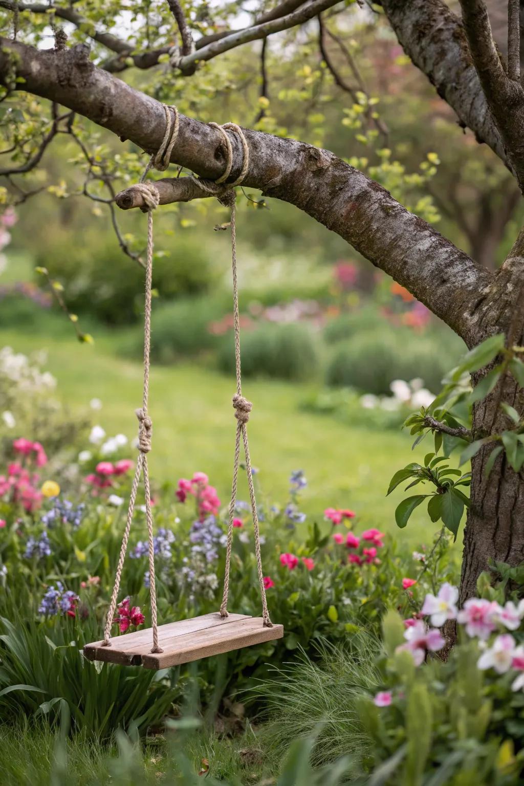 A whimsical swing hanging from a branch, inviting fairies to play.