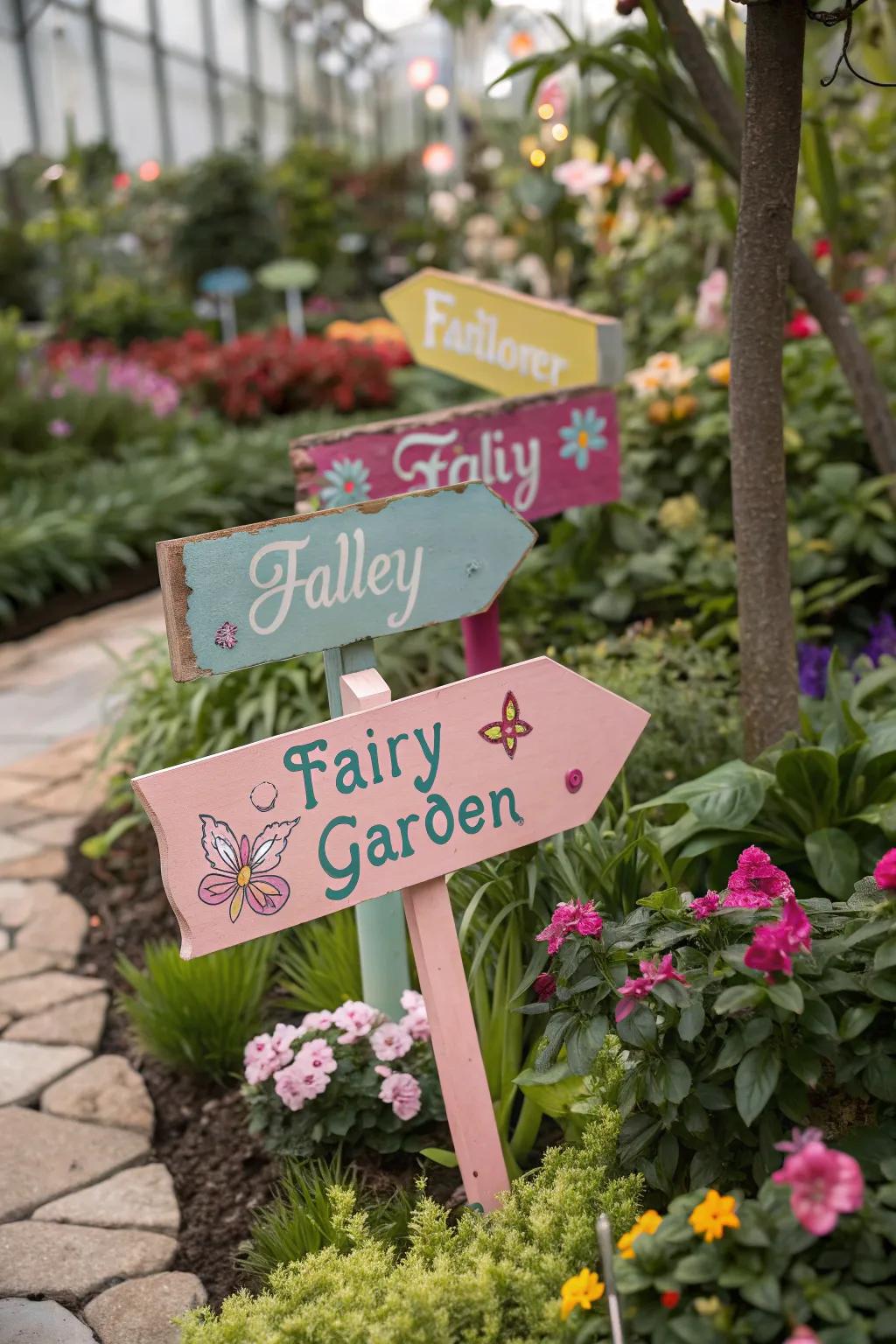Colorful fairy garden signs adding vibrancy among lush plants.