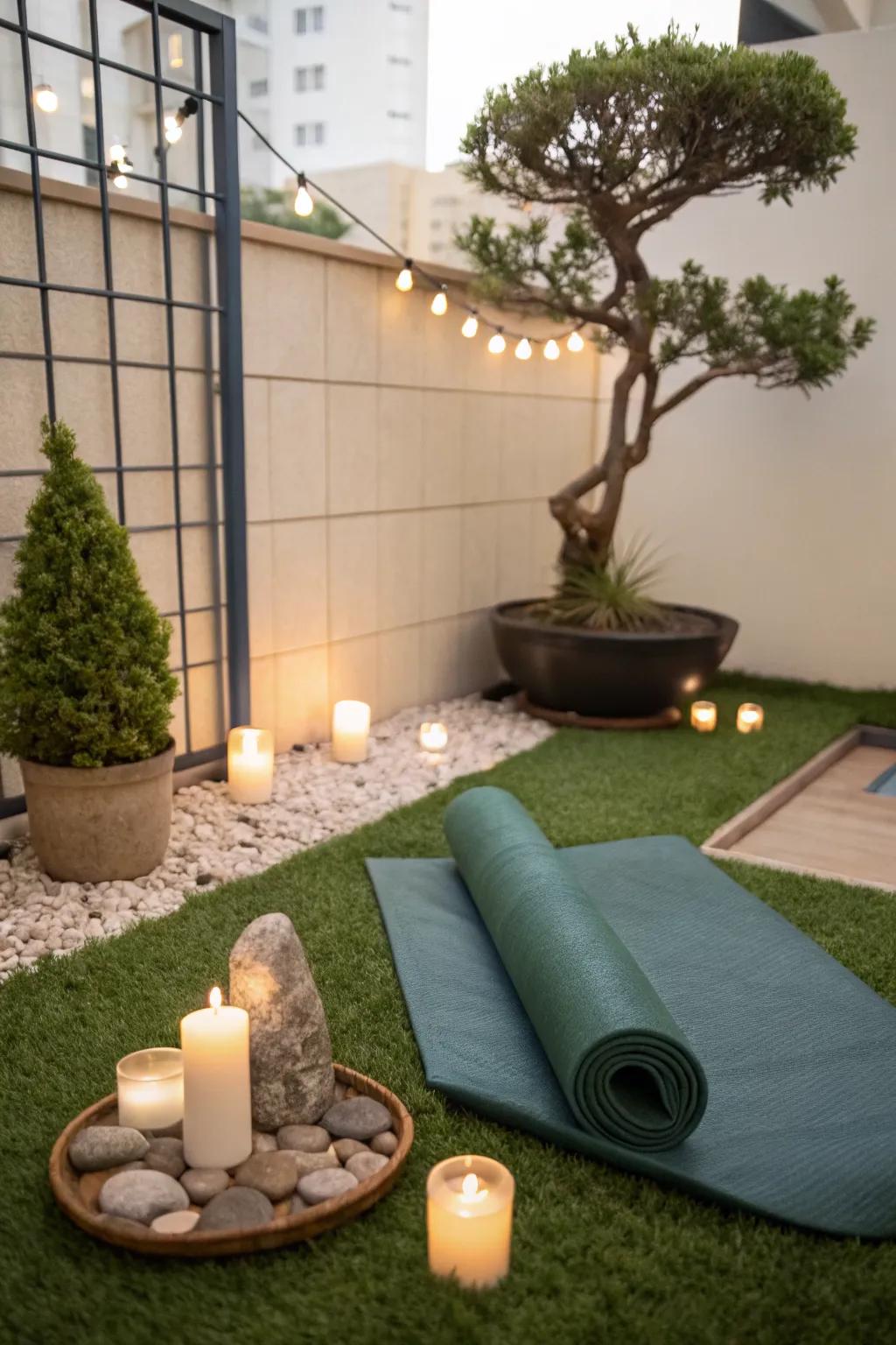 A serene meditation nook with artificial grass.