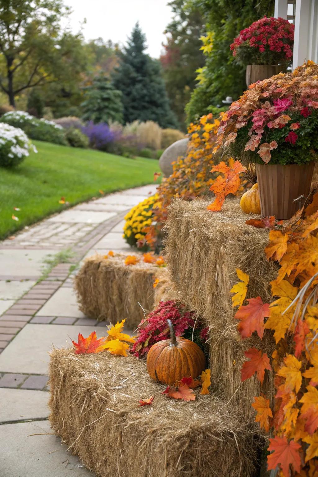 Mini hay bales add texture and a playful harvest vibe.