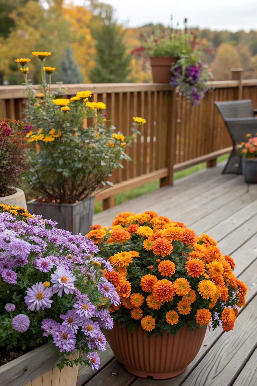 Fall-hued plants add vibrant pops of color to the deck decor.