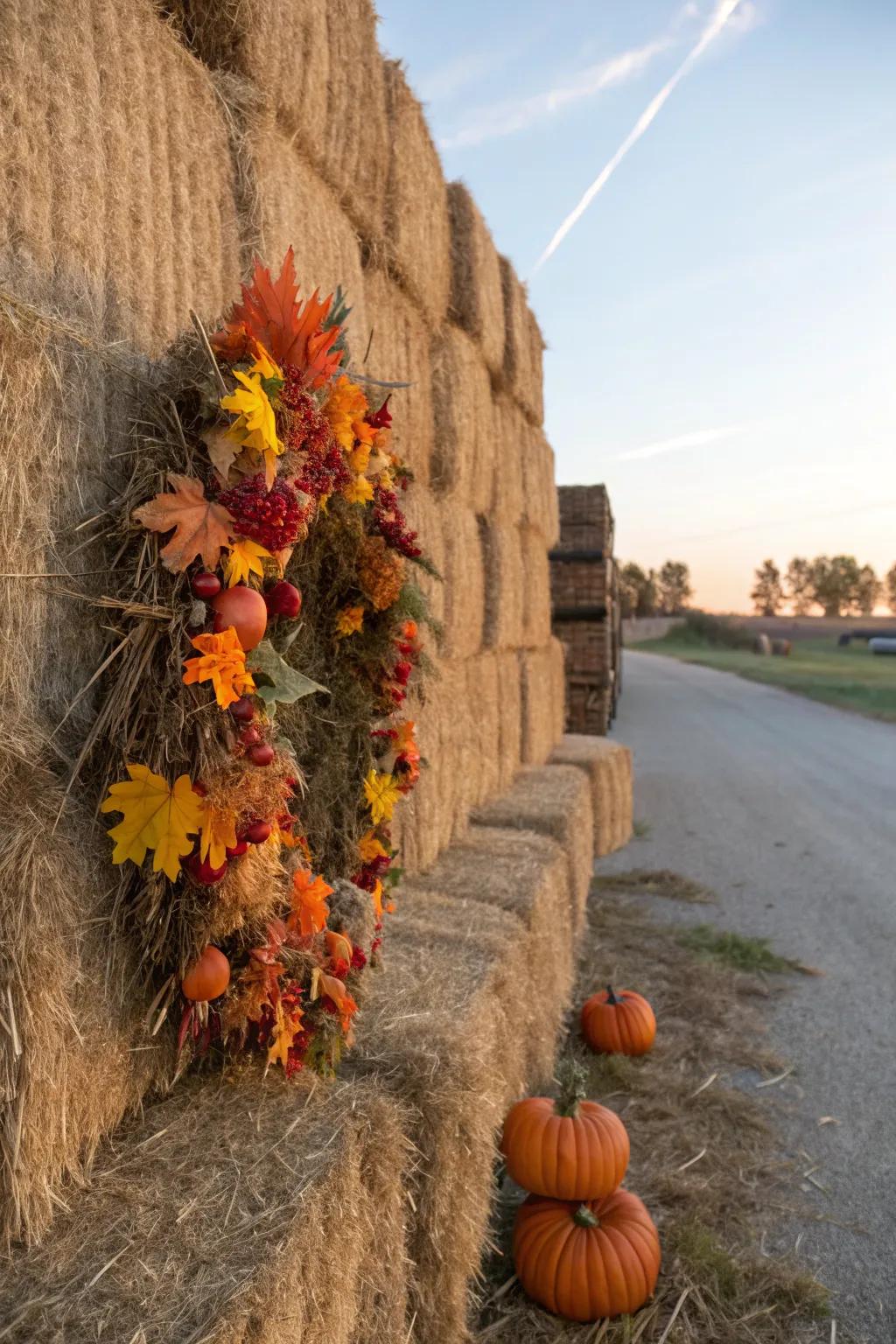 Wreaths add elegance and color to hay bale arrangements.