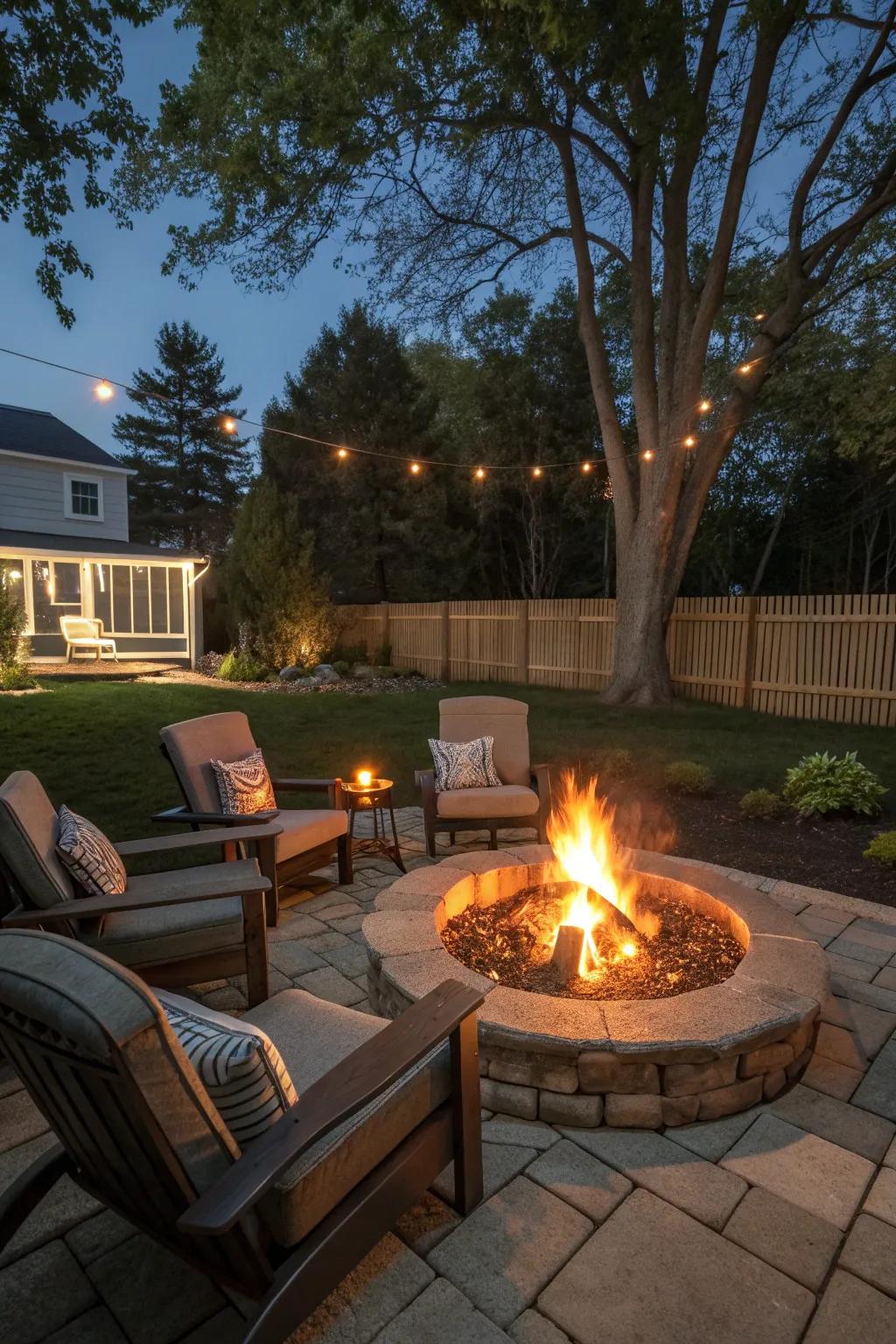 A fire pit creates a warm, inviting gathering space.