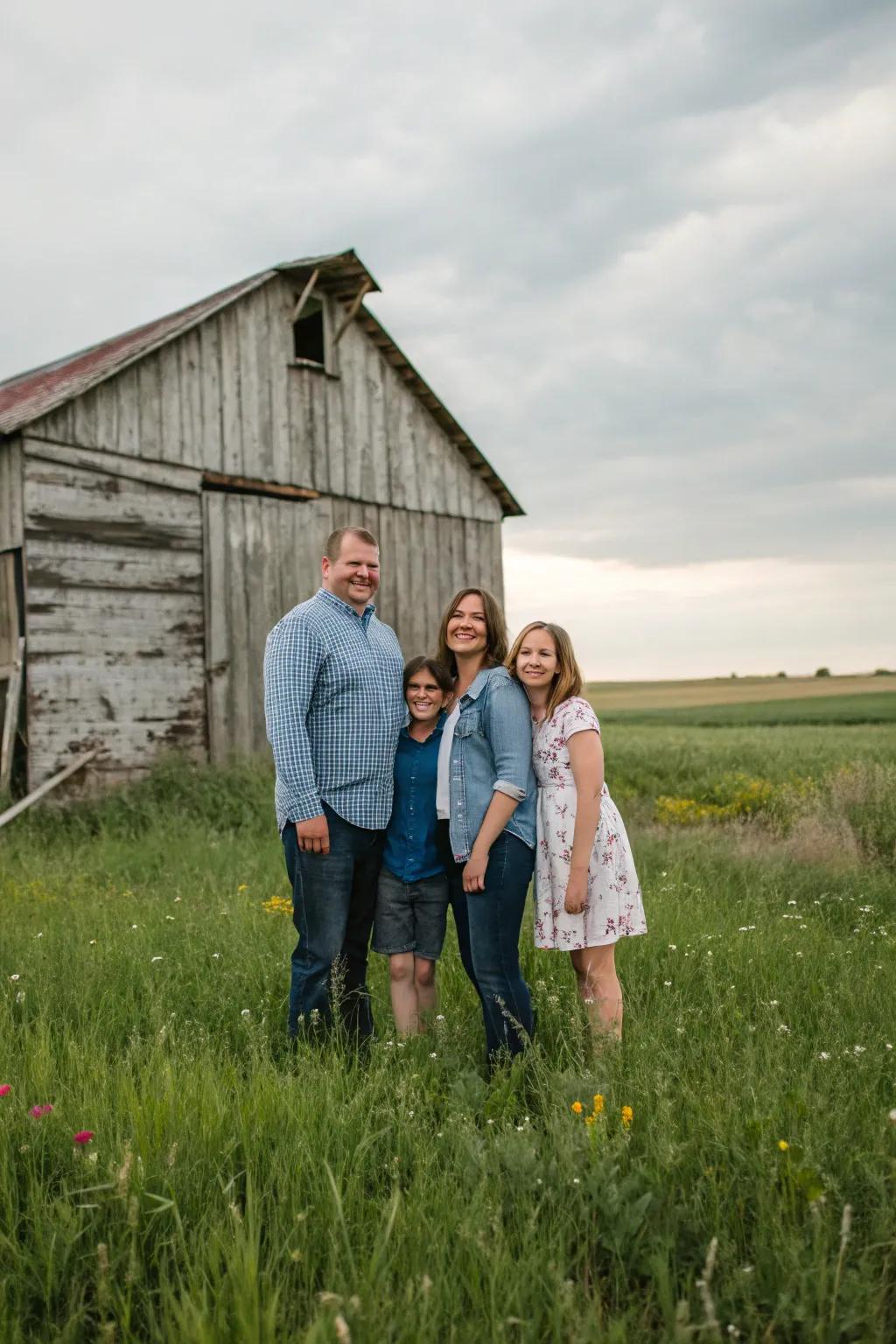 Country charm family portrait, embracing rustic beauty.
