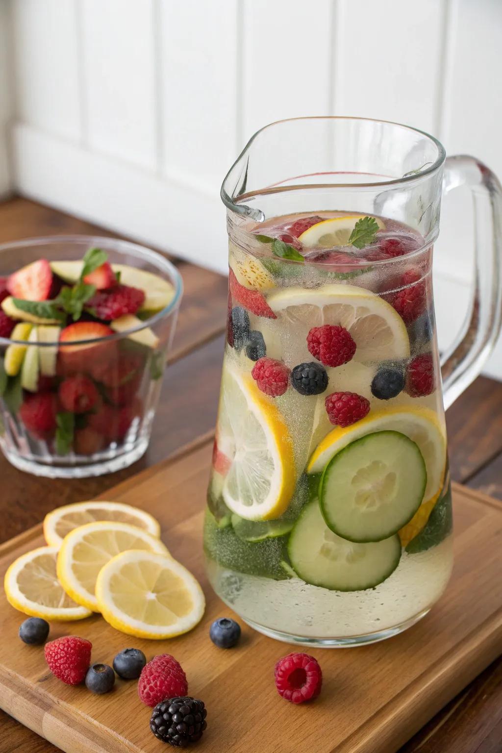 Fruit-infused water with refreshing slices of lemon, cucumber, and berries.