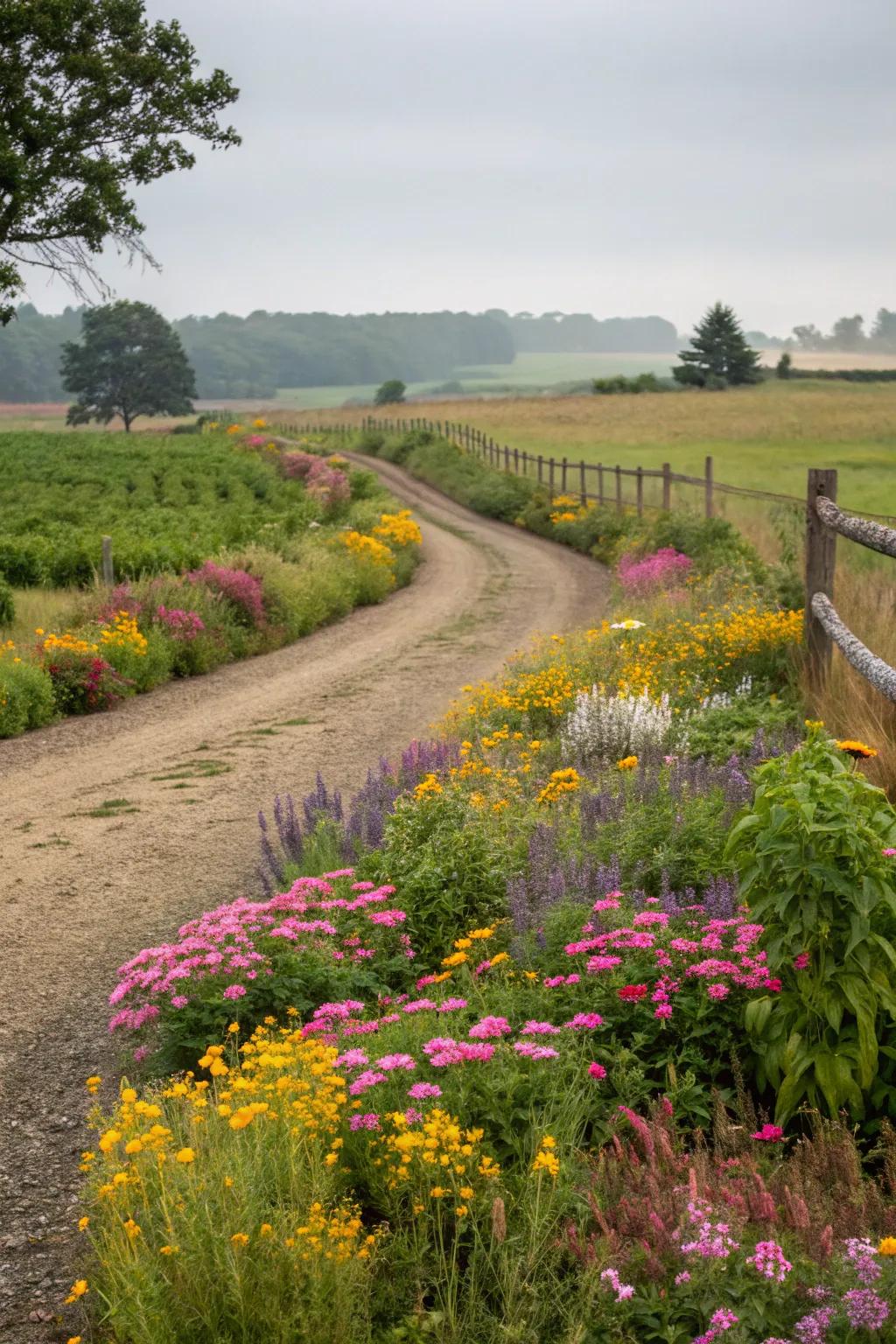 Wildflower borders adding vibrant color to a driveway.