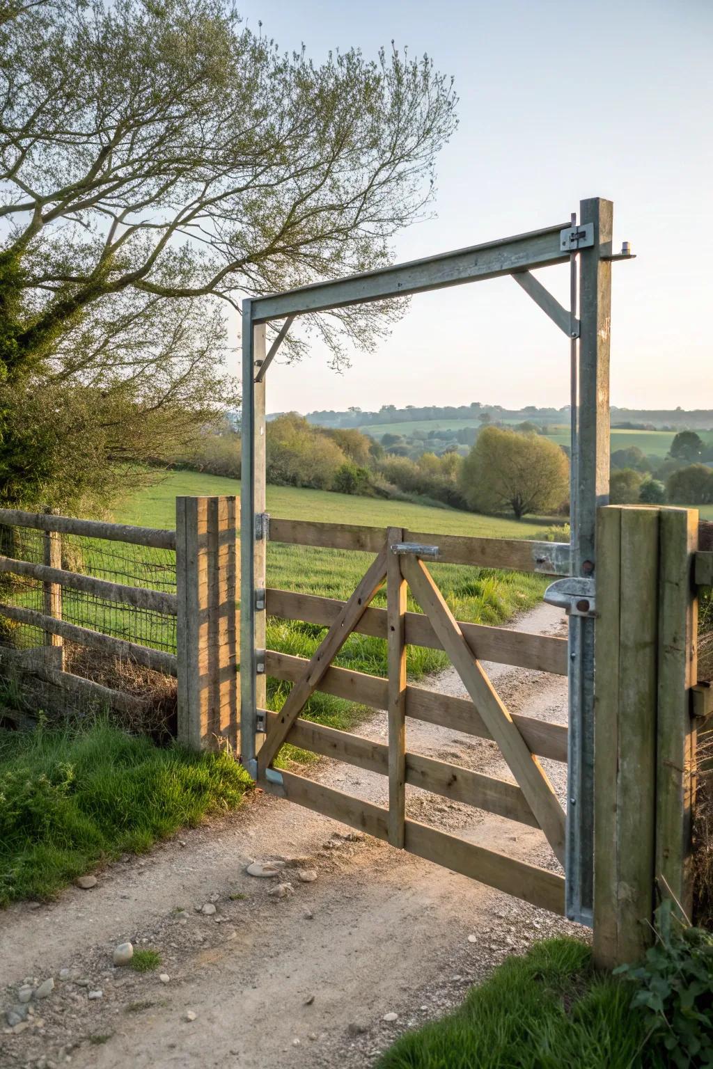 A gate blending rustic wood with modern metal for a balanced look.
