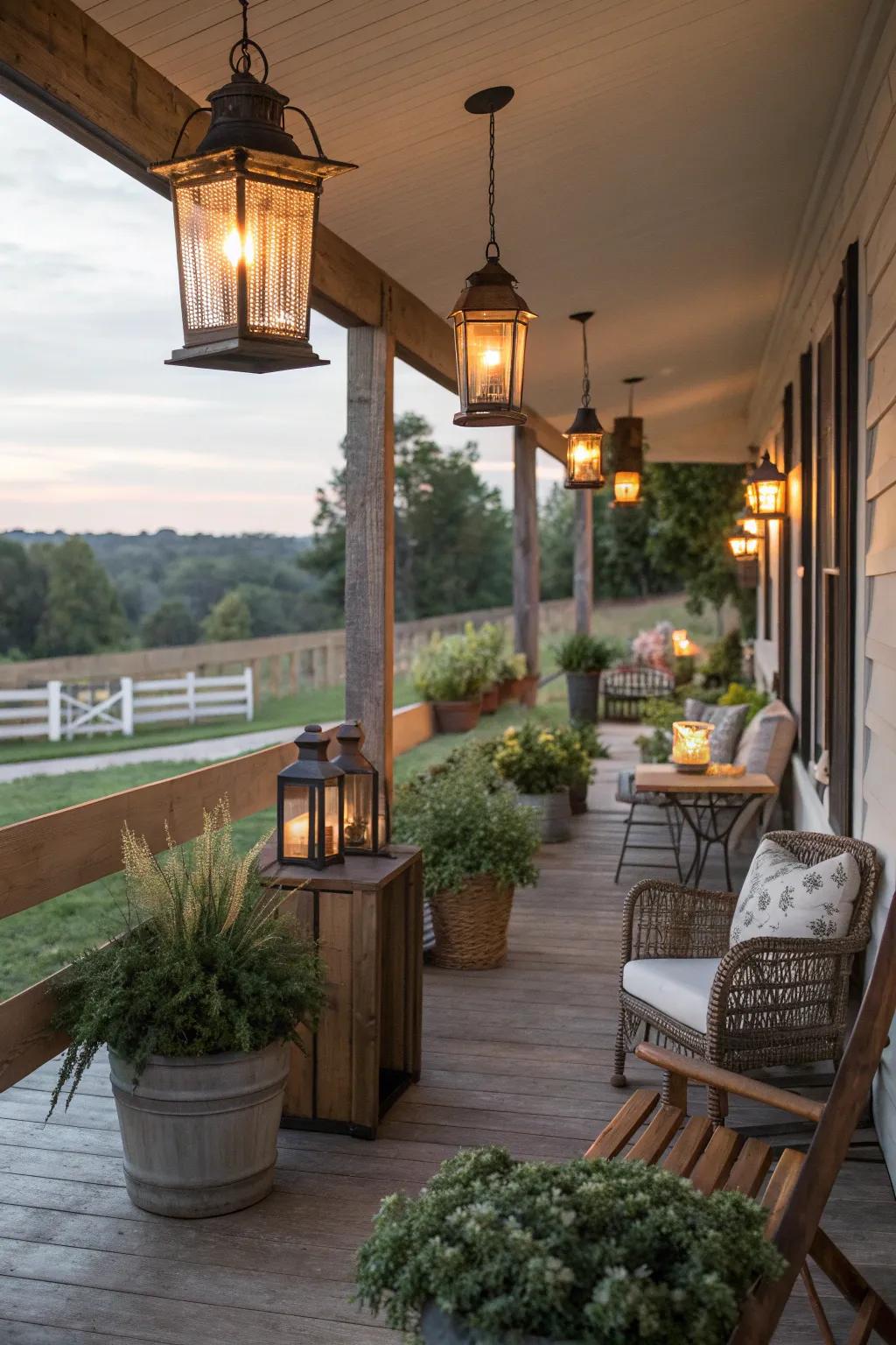 Lanterns cast a welcoming glow on your porch.