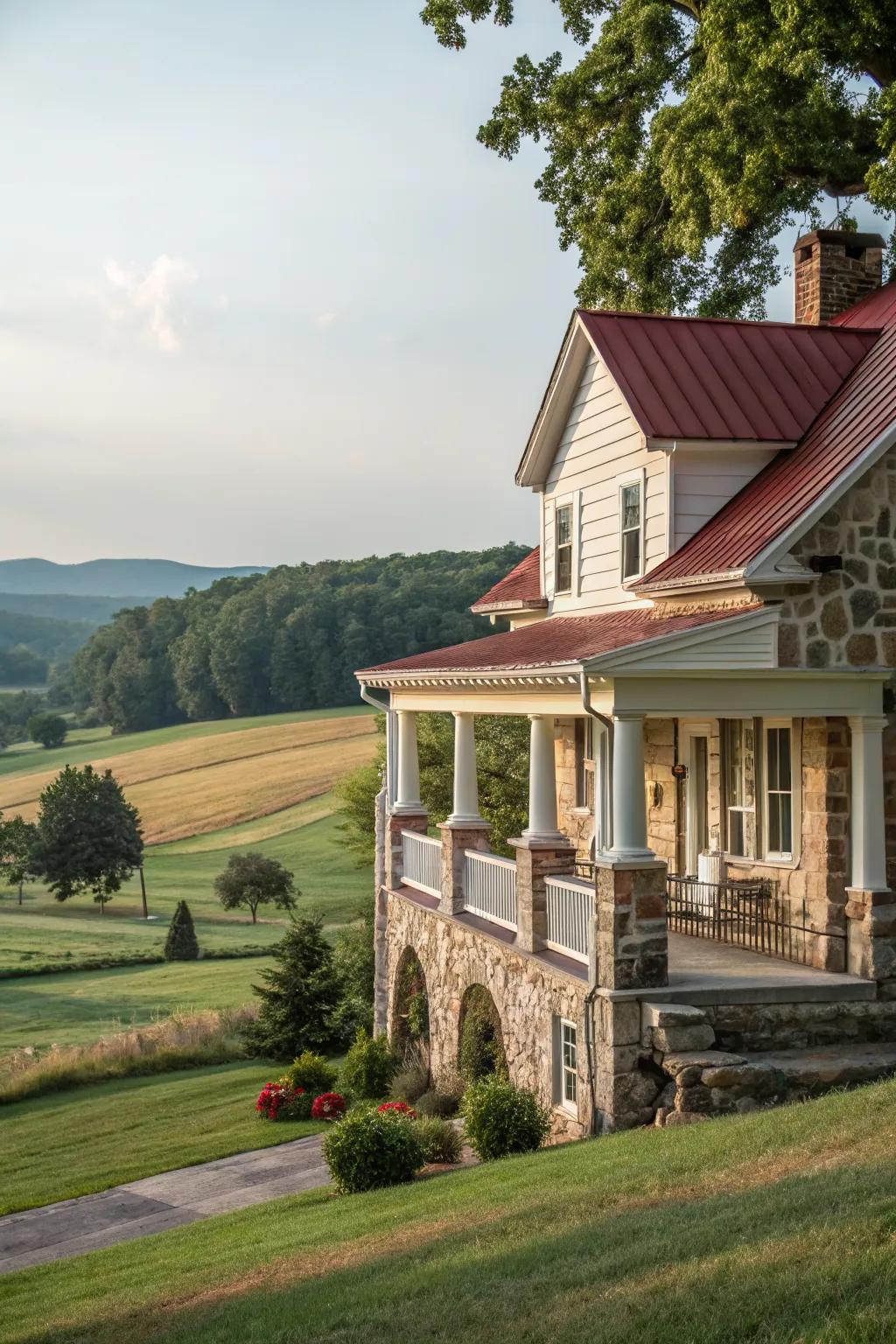 Stone accents add texture and a rustic feel to the farmhouse exterior.