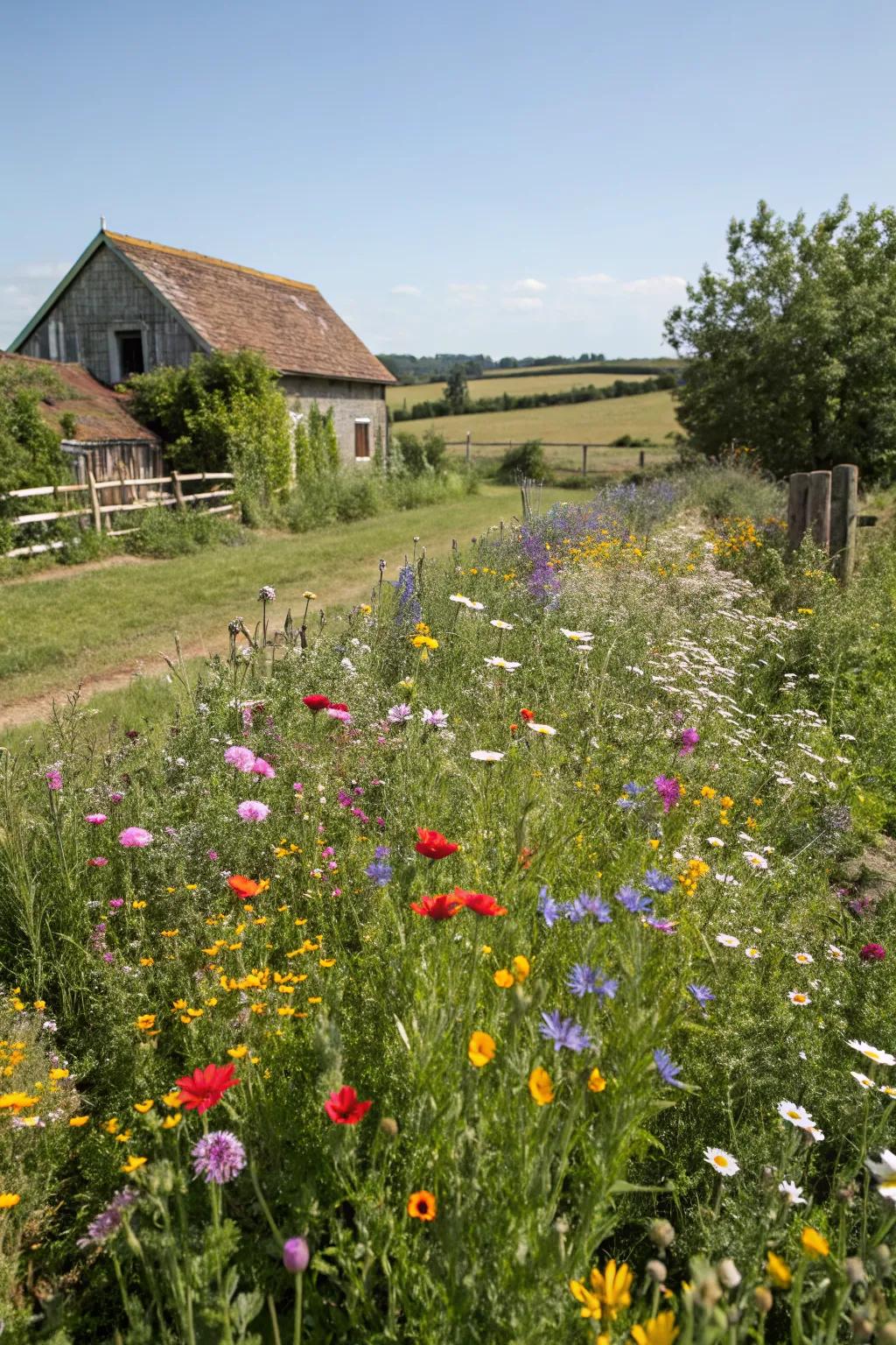 Wildflowers bring a touch of meadow-like beauty to this farmhouse garden, attracting pollinators and adding charm.