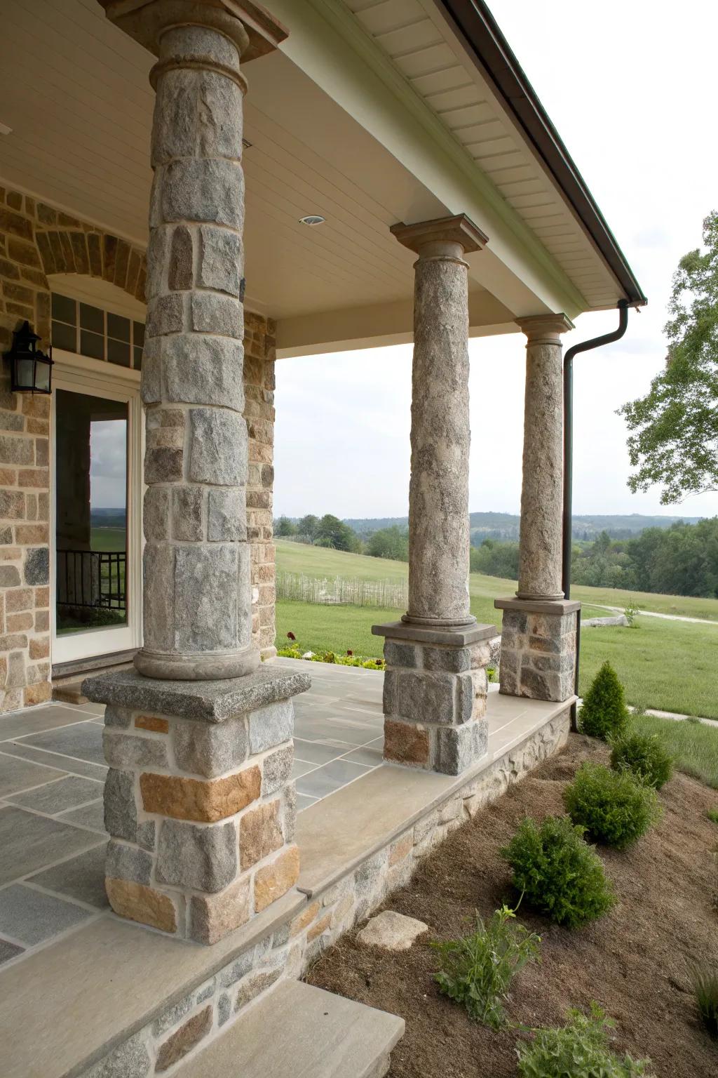 Contrasting textures add visual interest to stone columns.