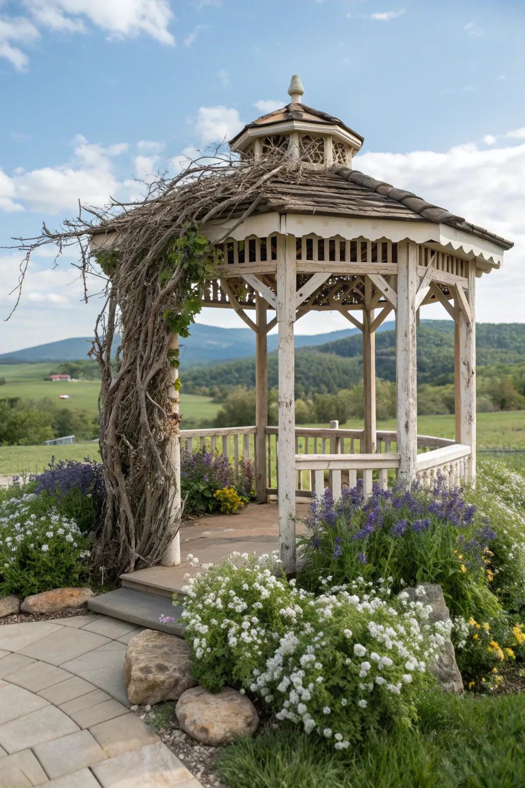 Nature-inspired decor enhances the serene atmosphere of this gazebo.