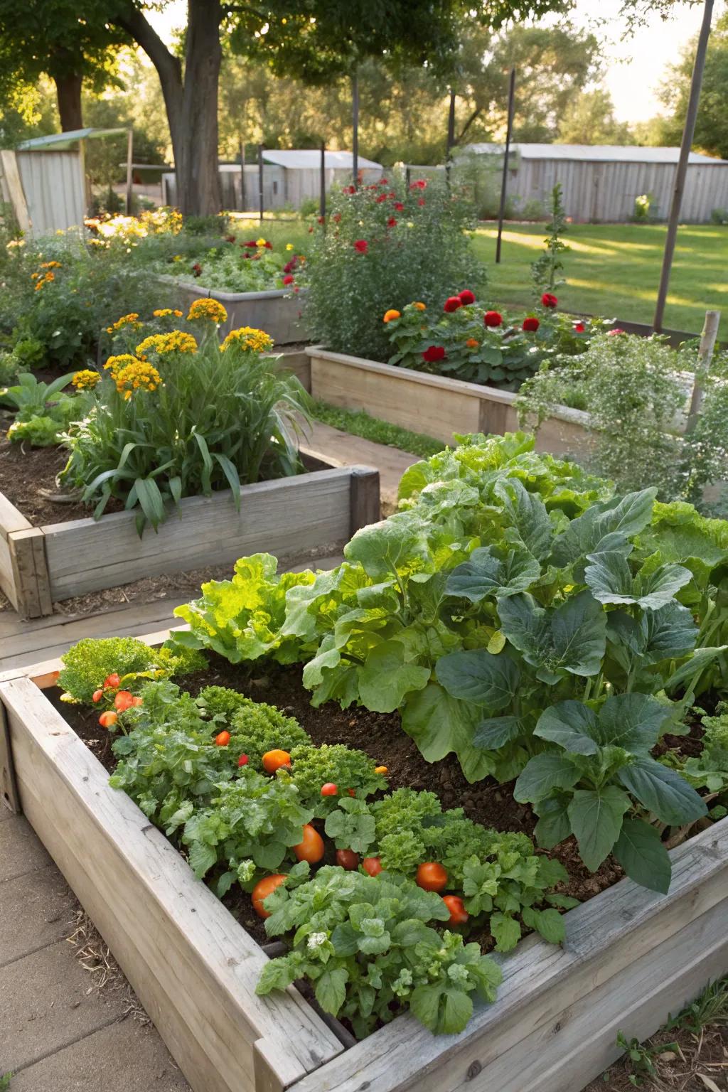 Thriving vegetable garden beds offering fresh homegrown produce.