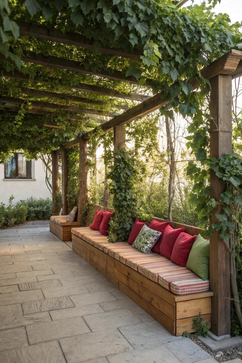 Built-in seating under your pergola invites relaxation.