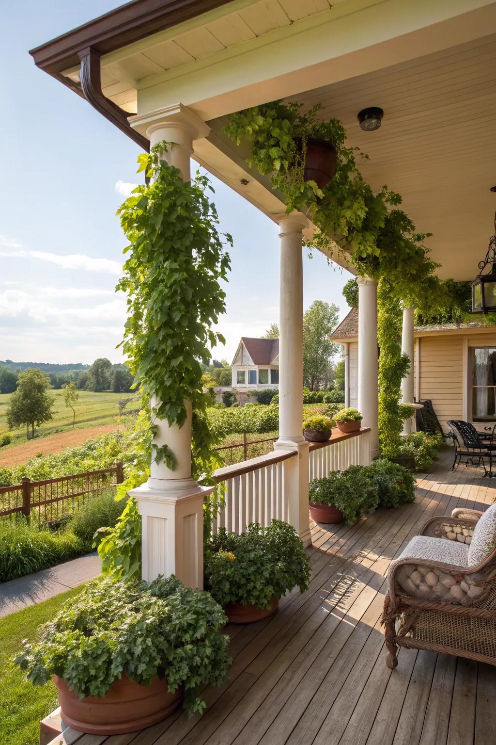 Integrated planters bring a burst of greenery to the porch columns.