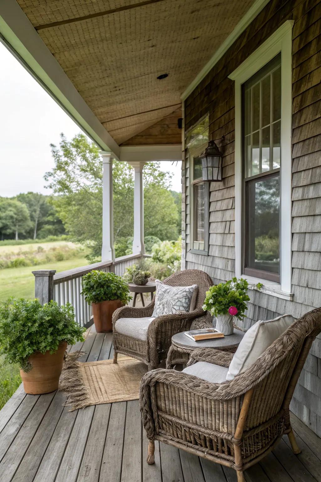 Wicker furniture adds a rustic touch to your farmhouse porch.
