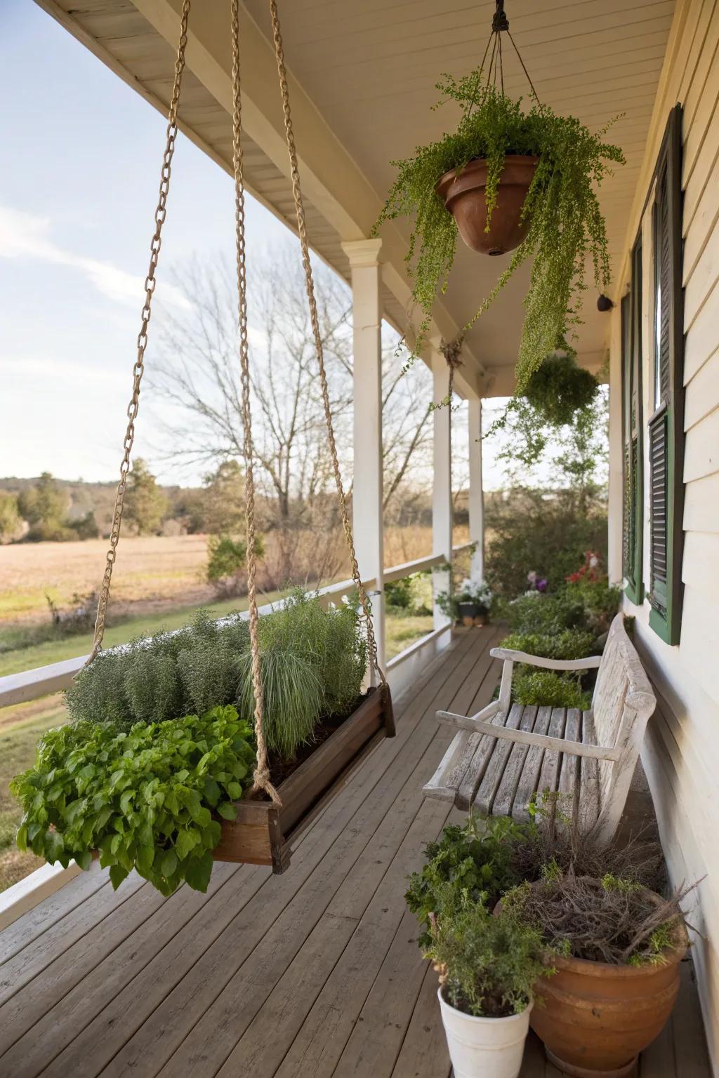 A hanging herb garden adds greenery and functionality.