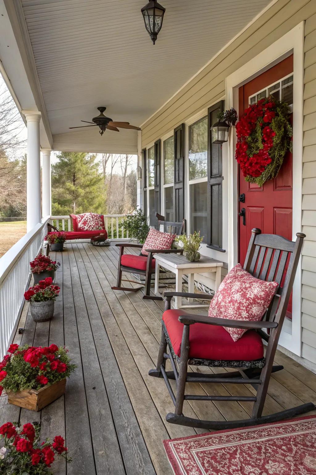 Red accents provide a vibrant pop of color.