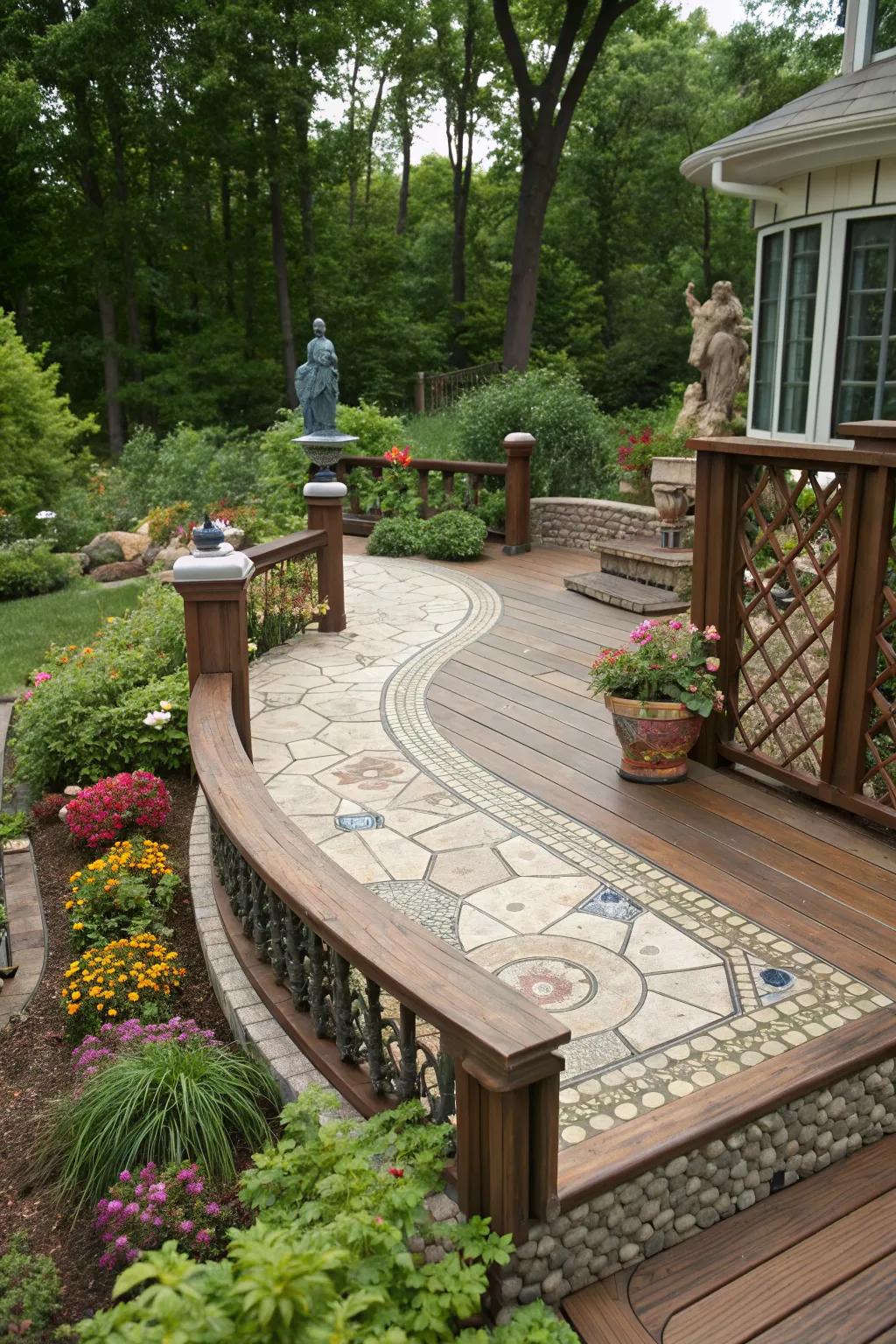 Mosaic patterns add a personal touch and artistic flair to your deck.