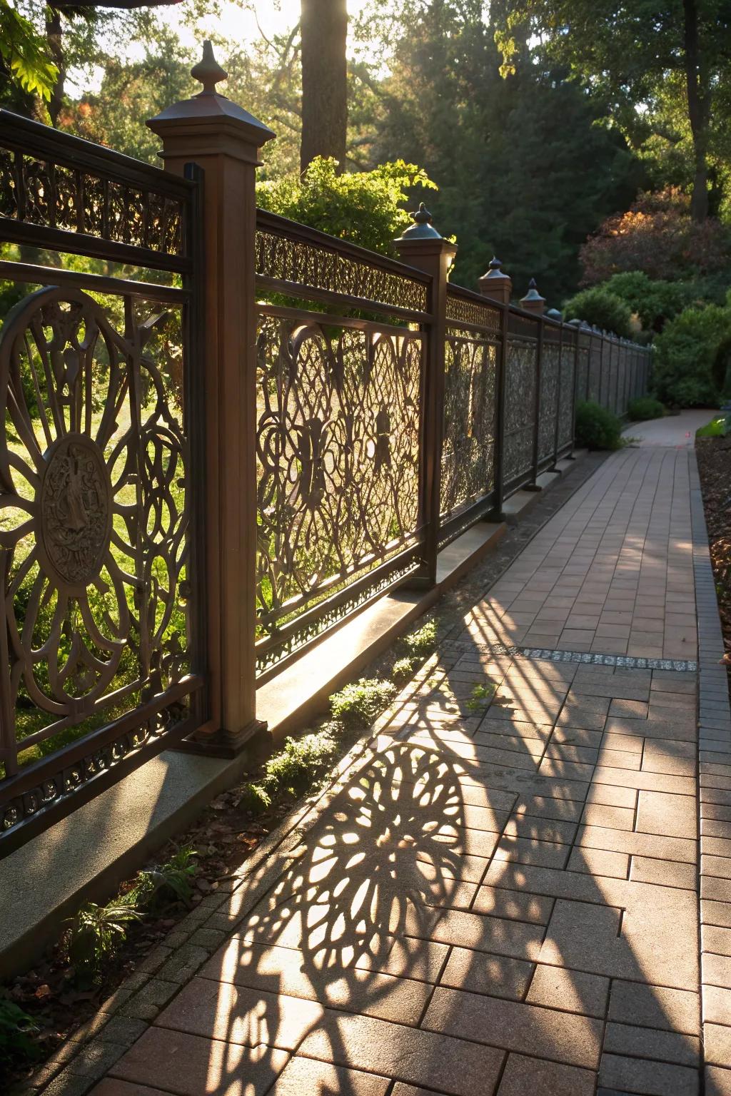Intricate metal art adds modern flair to this garden fence.