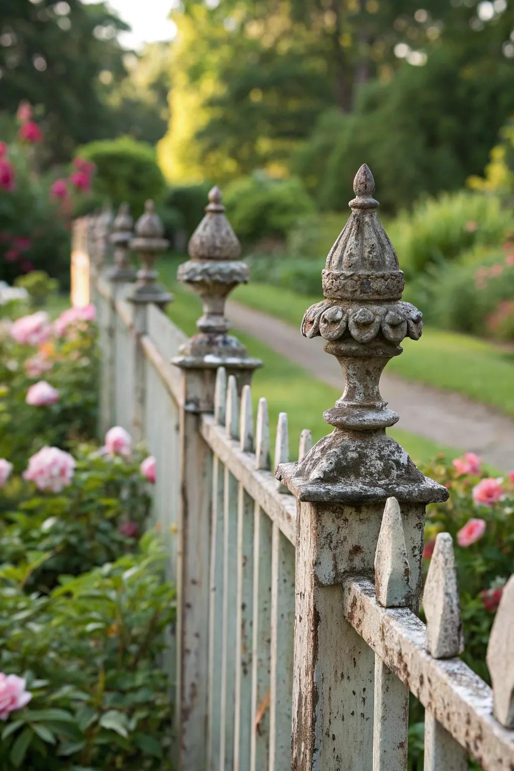 Decorative finials adding elegance to a garden fence.
