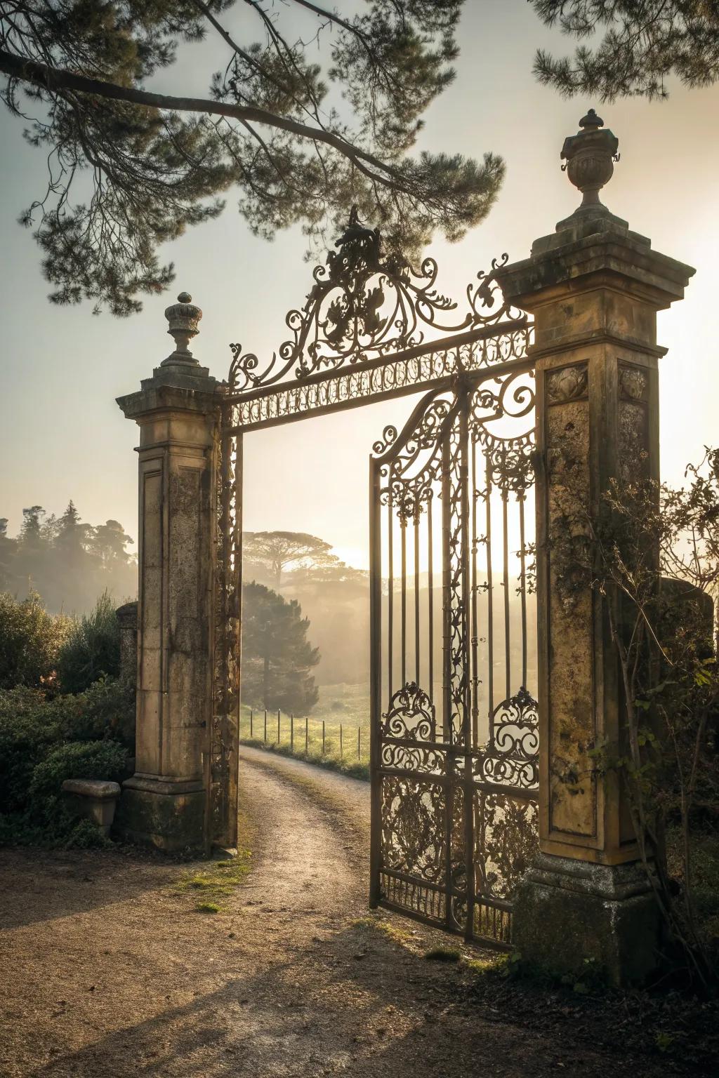 A vintage gate offers timeless charm and elegance.