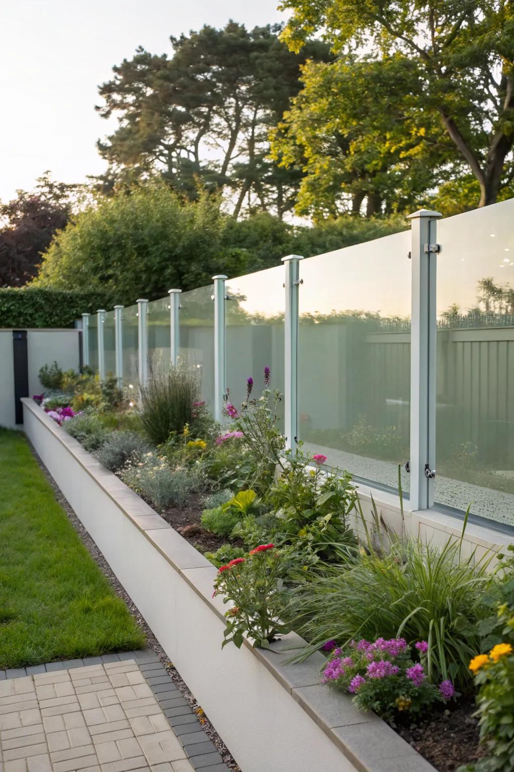 Sleek glass panels adding a modern touch to a fence.