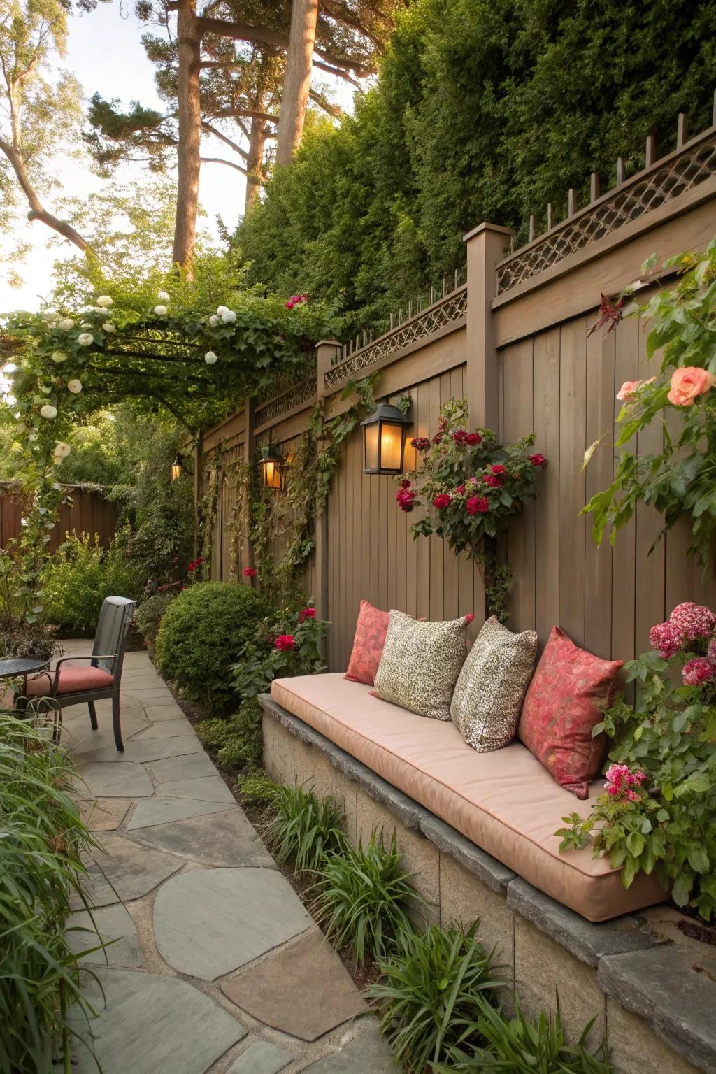 Relax in style with a charming seating nook by your fence.