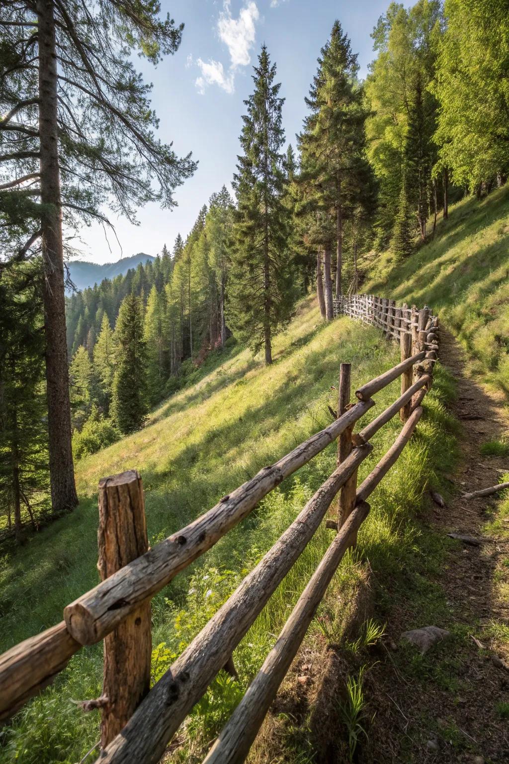 Rustic log fences blend beautifully with natural surroundings.